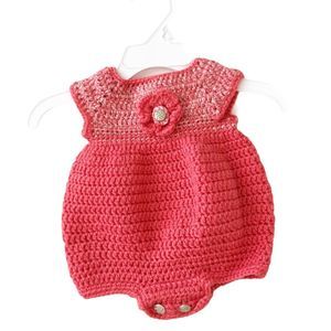 Vintage Hand Knit Baby Girl Pink Flower Onesie